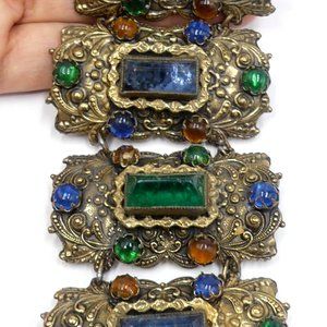 Art Nouveau? large wide brass & rhinestone bracele